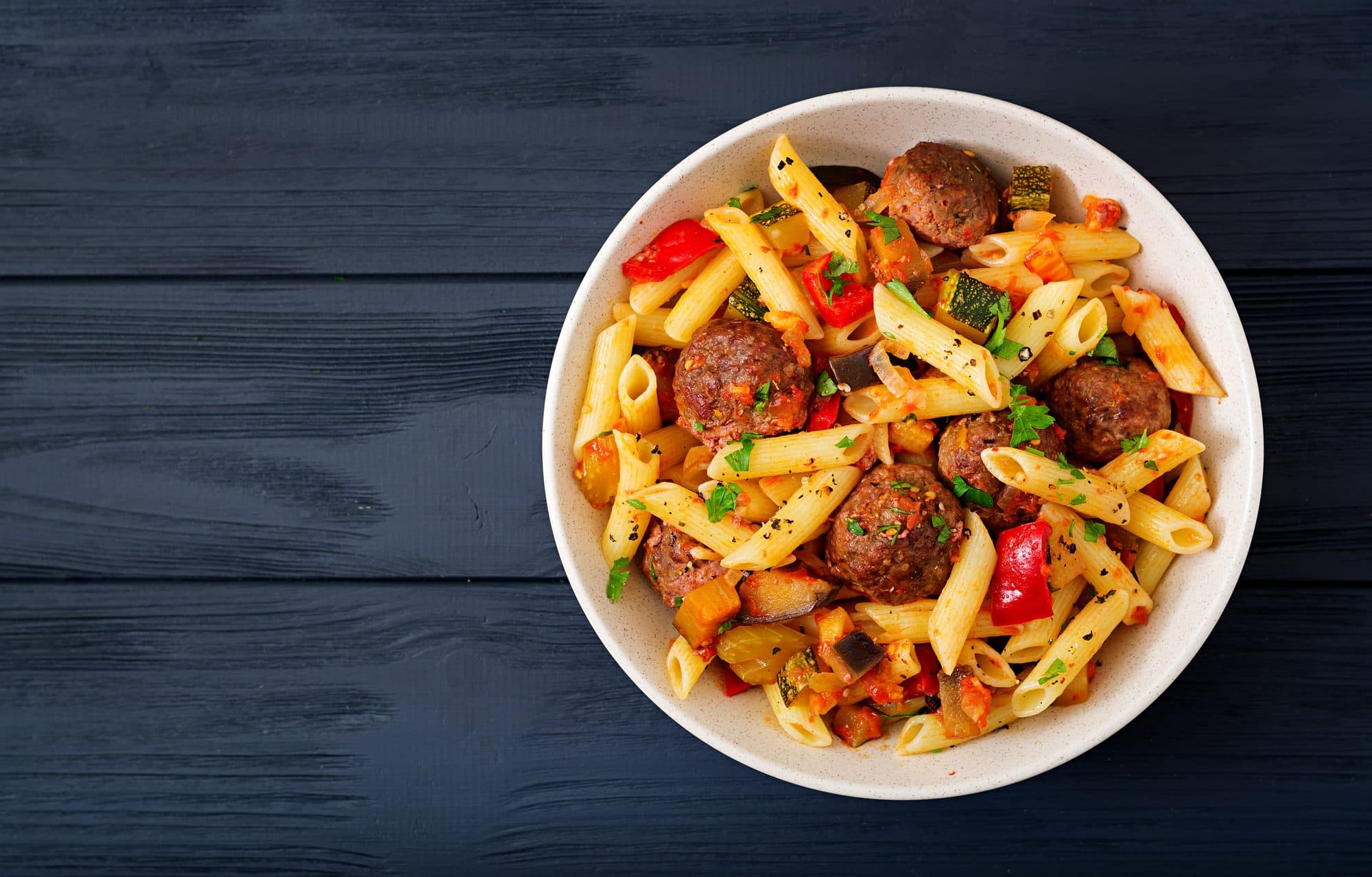 Green Olive Meatballs over Fusilli